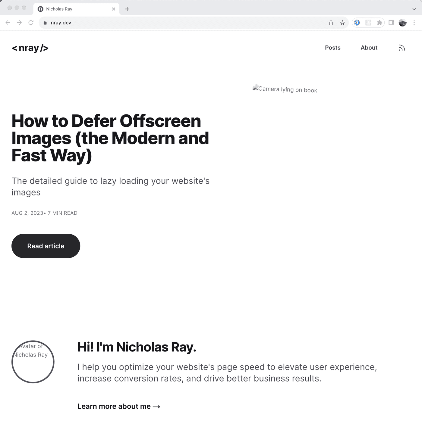 Screenshot of nray.dev page using an emulated Chrome setting that turns off WebP support. As a result, the browser shows whitespace instead of images.
