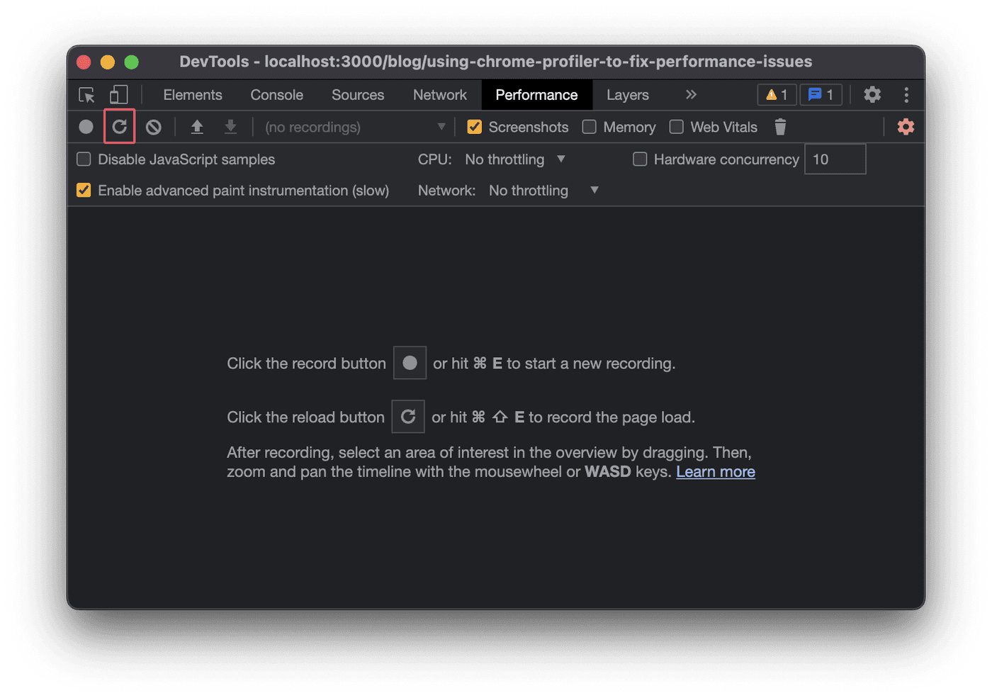 Chrome DevTools performance panel with the button to profile page load highlighted.