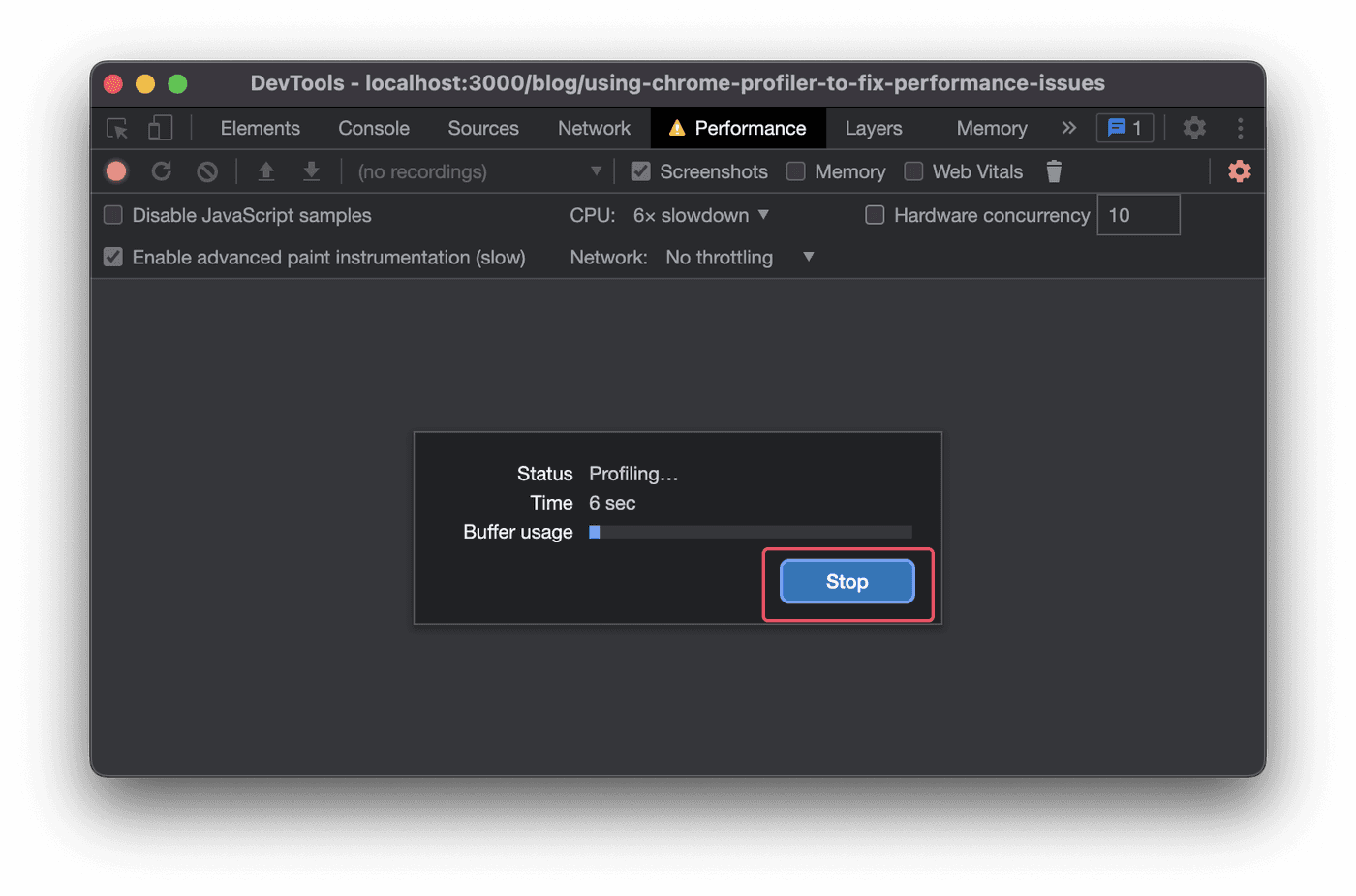 Chrome DevTools performance panel with the stop button highlighted.