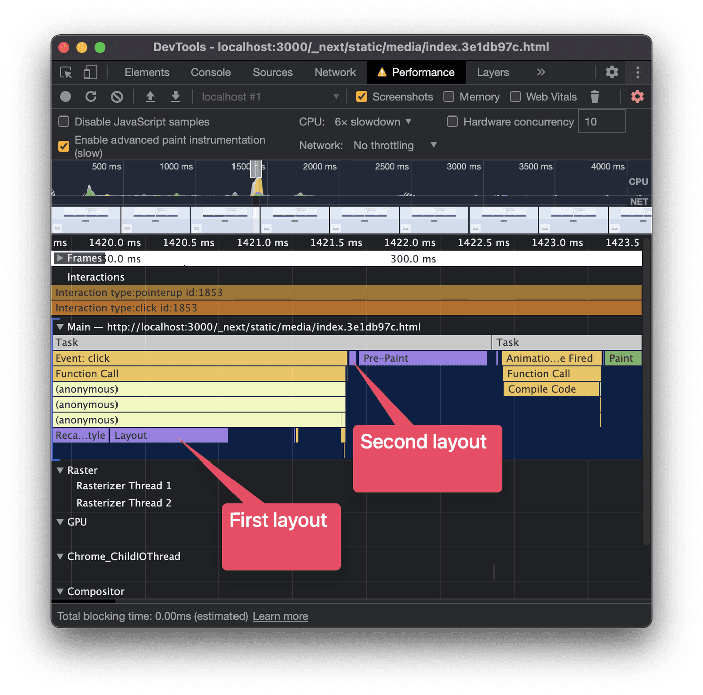 Performance profile of a forced synchronous layout showing one layout bar underneath the JS bars and one subsequent layout bar.