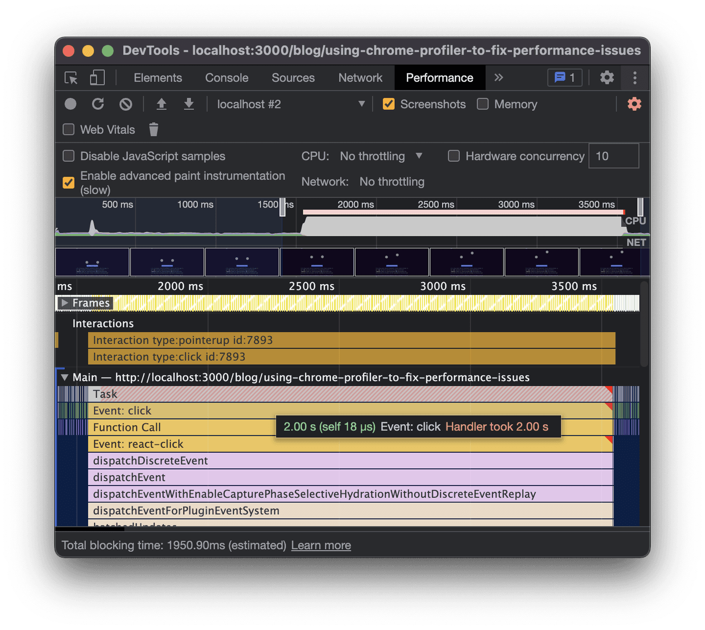 Performance profile of an animation running on the main thread that is blocked by a click handler.