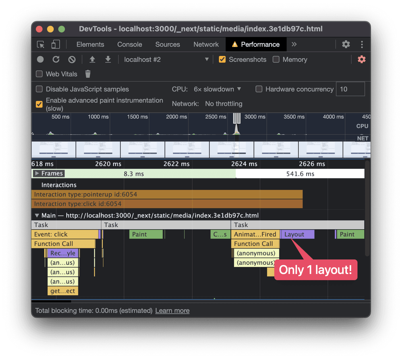 Performance profile without any forced synchronous layouts. Only 1 layout calculation is present before the relevant paint bar.