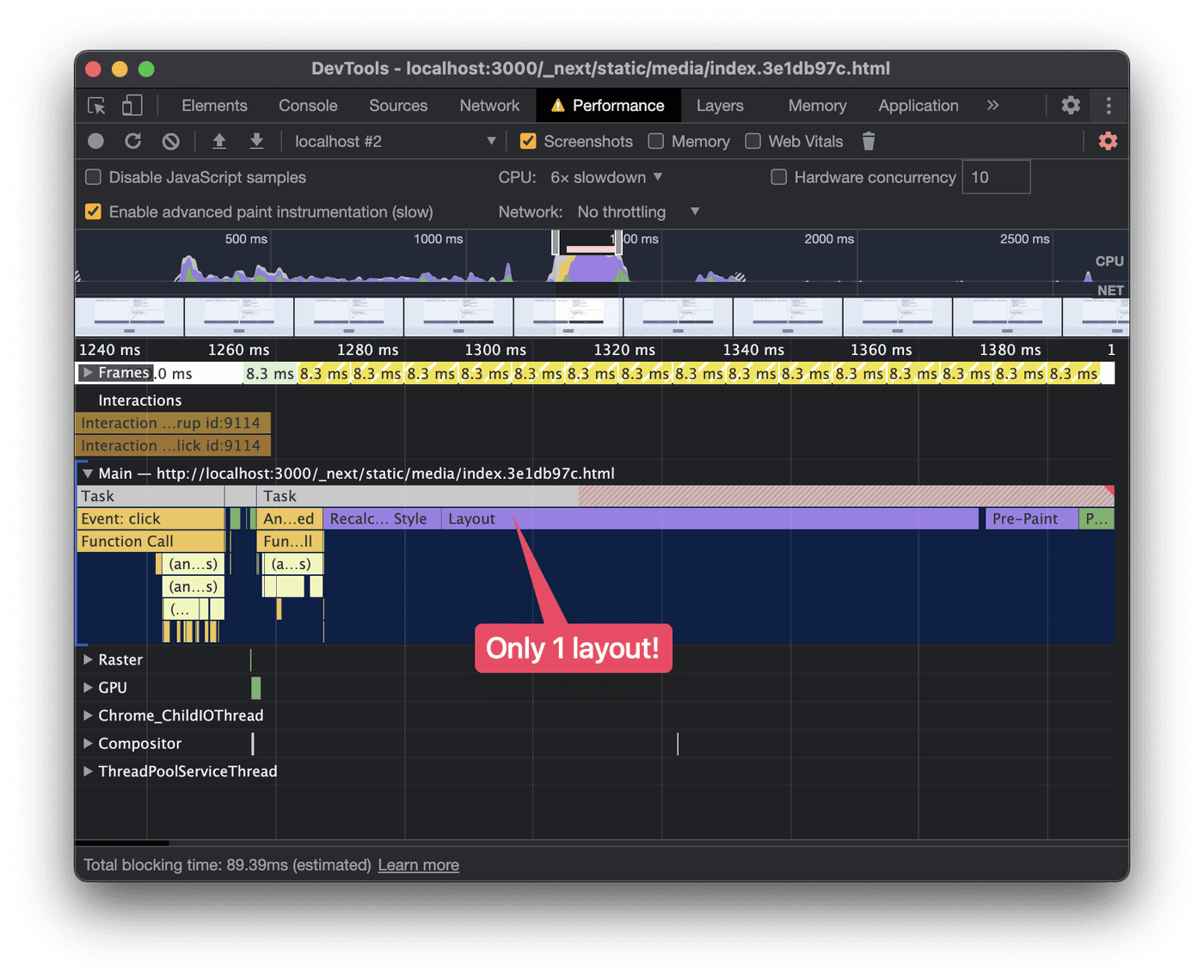 Performance profile that is free from layout thrashing. There is only 1 layout bar before the paint bar.